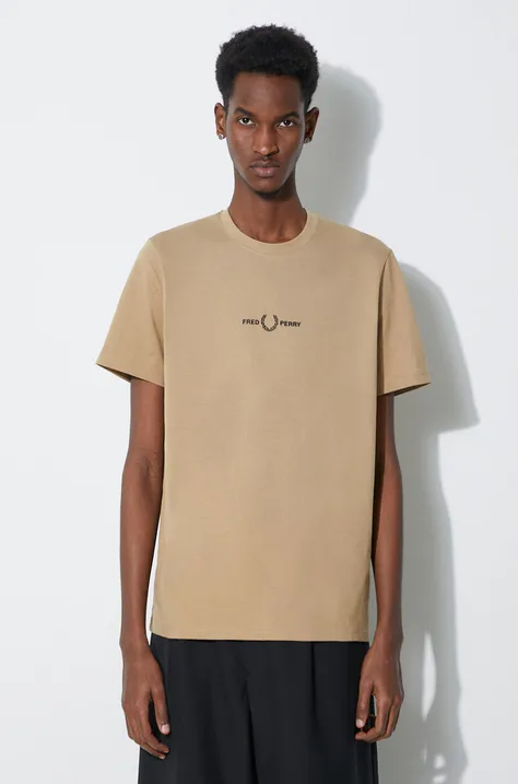 Бавовняна футболка Fred Perry Embroidered T-Shirt чоловіча колір бежевий з аплікацією M4580.363