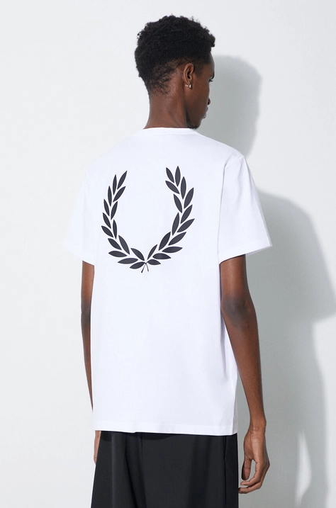 Bavlnené tričko Fred Perry Rear Powder Laurel Graphic Tee pánske, biela farba, s potlačou, M7784.100