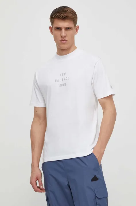 Хлопковая футболка New Balance мужской цвет белый с принтом MT41519WT
