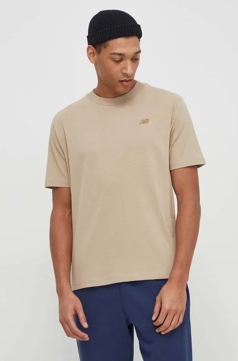 New Balance t-shirt bawełniany męski kolor beżowy z aplikacją