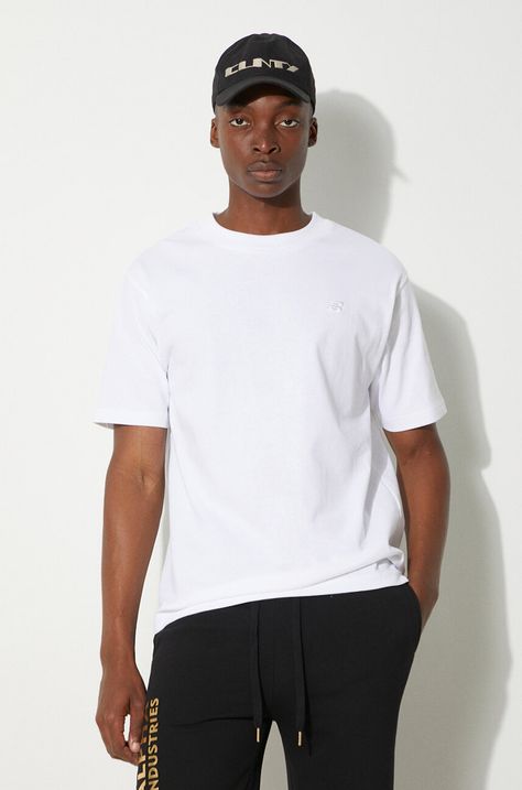 New Balance tricou din bumbac barbati, culoarea alb, cu imprimeu
