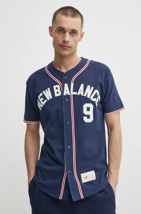 Bavlnené tričko New Balance pánsky, tmavomodrá farba, s nášivkou, MT41512NNY