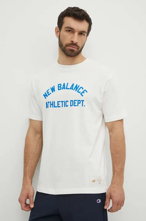 Βαμβακερό μπλουζάκι New Balance ανδρικό, χρώμα: μπεζ, MT41514SST
