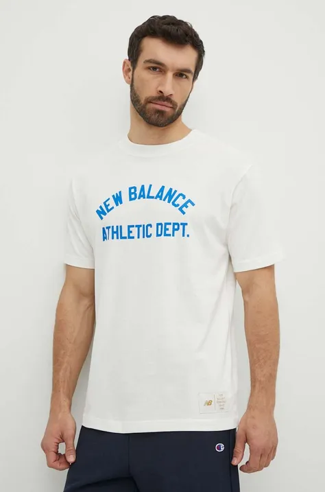 New Balance t-shirt bawełniany męski kolor beżowy z nadrukiem MT41514SST