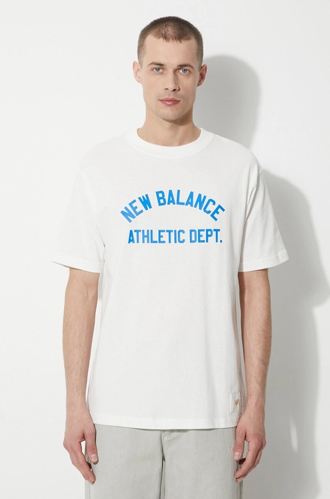 New Balance t-shirt bawełniany męski kolor beżowy z nadrukiem MT41514SST