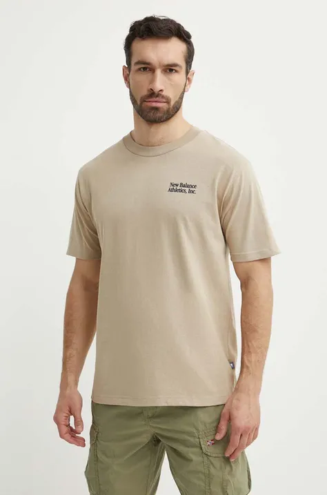 Bavlnené tričko New Balance pánske, béžová farba, s nášivkou, MT41588SOT