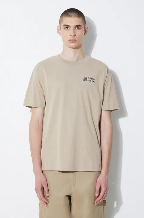 Bavlnené tričko New Balance pánske, béžová farba, s nášivkou, MT41588SOT