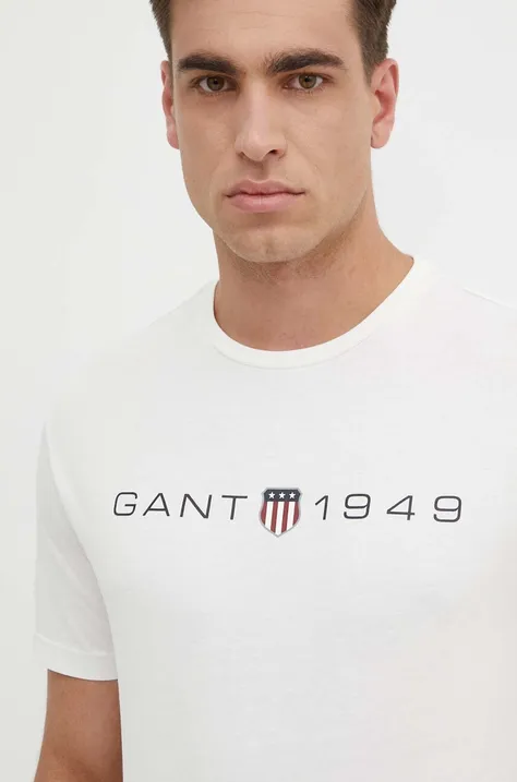 Pamučna majica Gant za muškarce, boja: bež, s tiskom