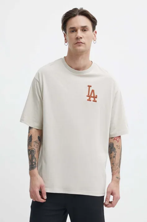Βαμβακερό μπλουζάκι New Era ανδρικό, χρώμα: μπεζ, LOS ANGELES DODGERS