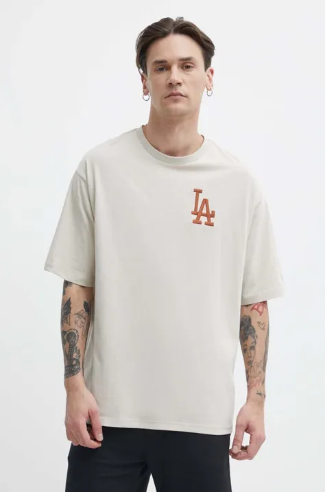 New Era t-shirt bawełniany męski kolor beżowy z aplikacją LOS ANGELES DODGERS