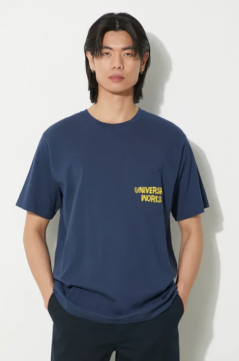 Universal Works cotton t-shirt Print Pocket Tee men’s navy blue color with a print 30611.NAVY
