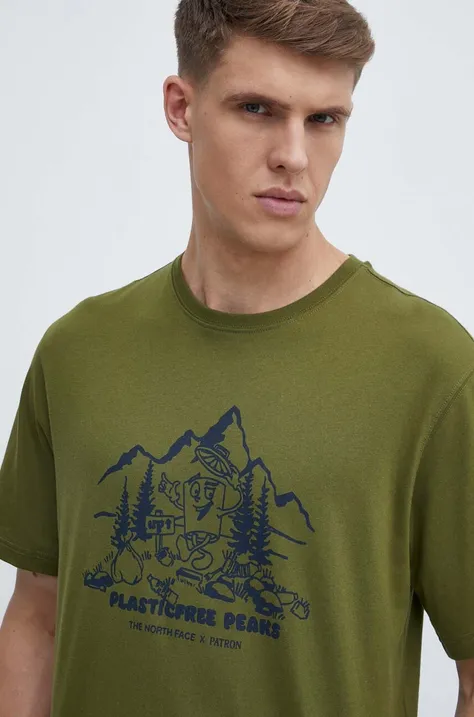 Bavlnené tričko The North Face pánske, zelená farba, s potlačou, NF0A87DXPIB1