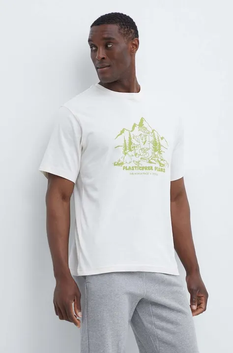 Βαμβακερό μπλουζάκι The North Face Patron Plasticfree Peaks ανδρικό, χρώμα: μπεζ, NF0A87DXQLI1