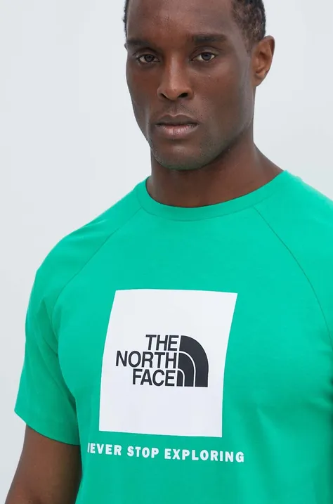 Bavlněné tričko The North Face zelená barva, s potiskem, NF0A87NJPO81