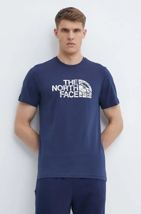 The North Face pamut póló sötétkék, férfi, nyomott mintás, NF0A87NX8K21