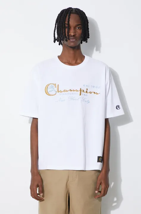 Бавовняна футболка Champion чоловіча колір білий з аплікацією 219998