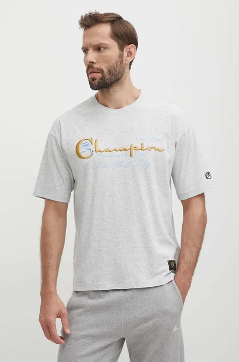 Bavlnené tričko Champion pánske, šedá farba, s nášivkou, 219998
