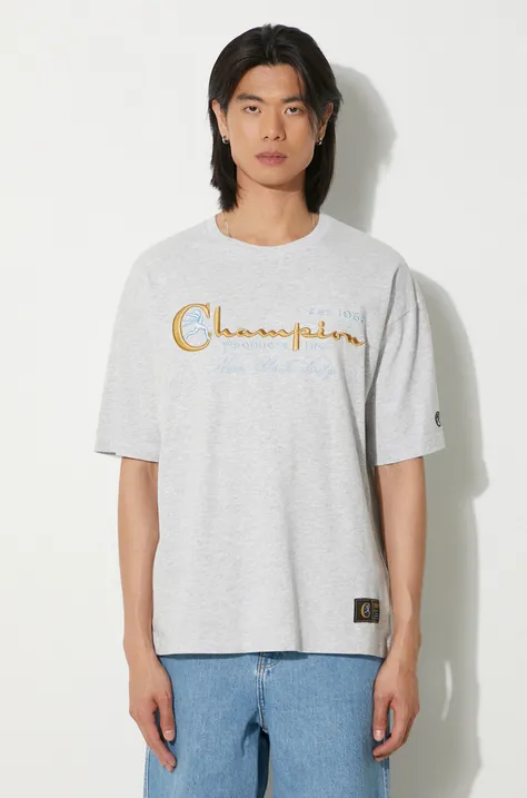 Хлопковая футболка Champion мужская цвет серый с аппликацией 219998