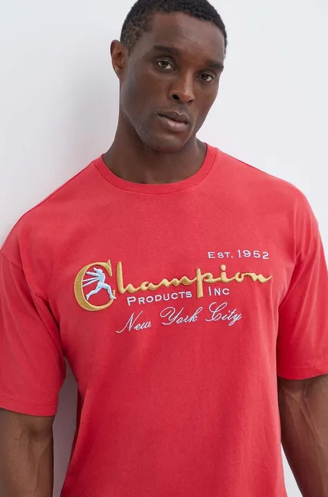 Бавовняна футболка Champion чоловіча колір червоний з аплікацією 219998
