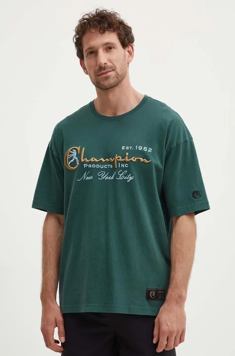 Хлопковая футболка Champion мужская цвет зелёный с аппликацией 219998