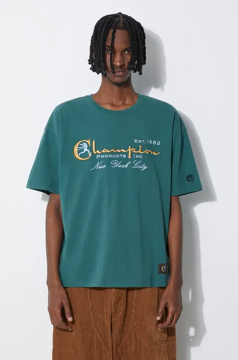 Бавовняна футболка Champion чоловіча колір зелений з аплікацією 219998
