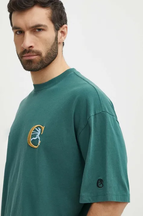 Bavlnené tričko Champion pánske, zelená farba, s nášivkou, 219999