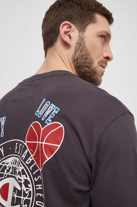 Бавовняна футболка Champion чоловічий колір сірий з принтом