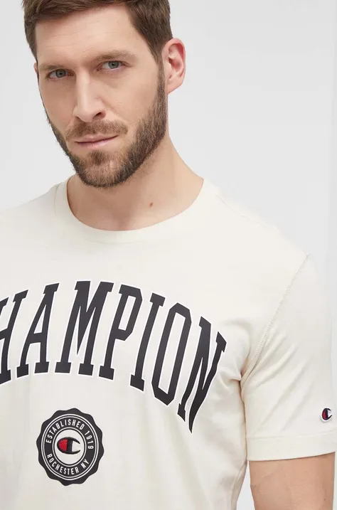 Bavlnené tričko Champion pánske, béžová farba, s potlačou, 219852