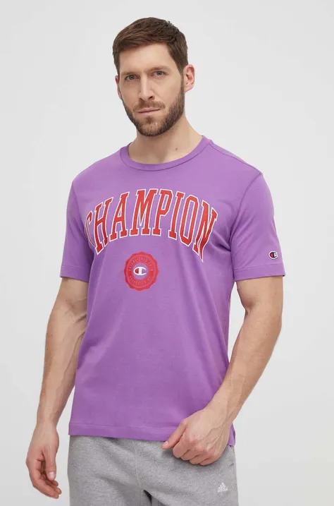 Хлопковая футболка Champion мужская цвет  фиолетовый с принтом 219852
