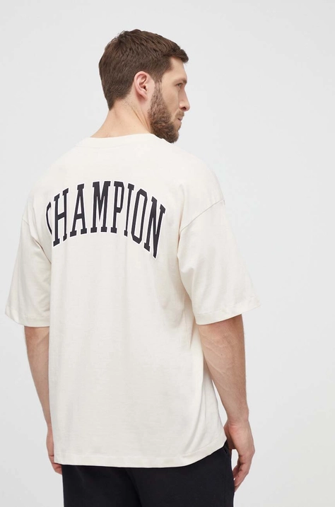 Champion tricou din bumbac barbati, culoarea bej, cu imprimeu, 219855