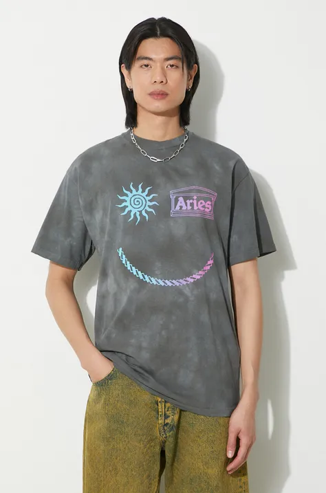 Bavlněné tričko Aries Grunge Happy Dude SS Tee šedá barva, s potiskem, SUAR60014X