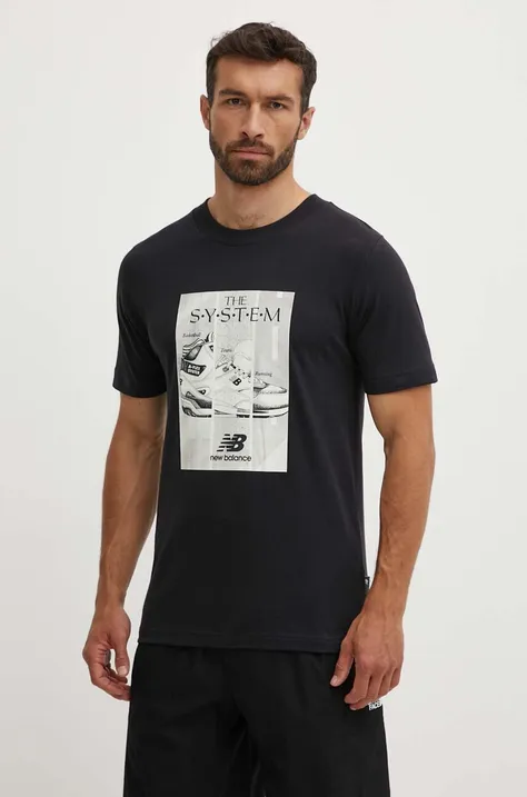 Pamučna majica New Balance za muškarce, boja: crna, s tiskom, MT41595BK