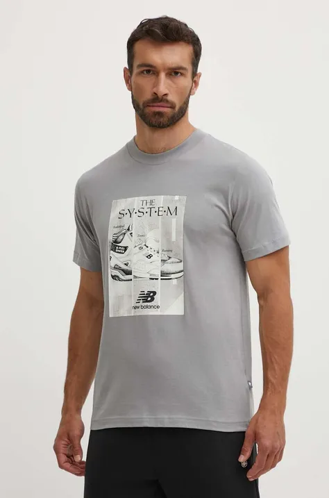 Pamučna majica New Balance za muškarce, boja: siva, s tiskom, MT41595YST