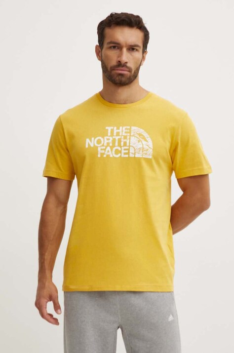 The North Face tricou din bumbac barbati, culoarea galben, cu imprimeu, NF0A87NXQOA1