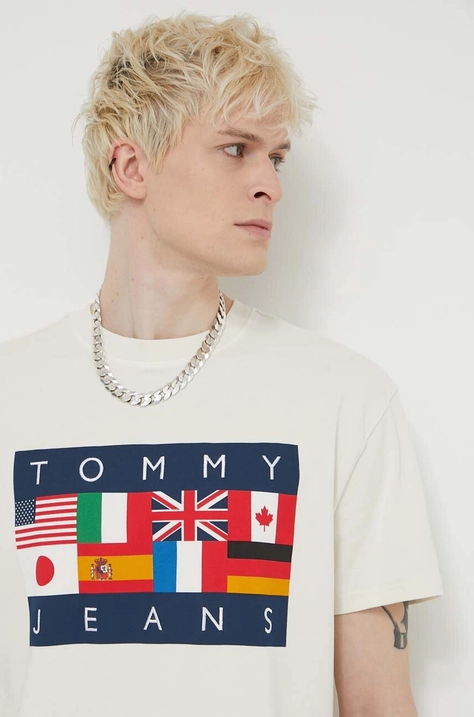 Tommy Jeans tricou din bumbac Archive Games bărbați, culoarea bej, cu imprimeu, DM0DM19545