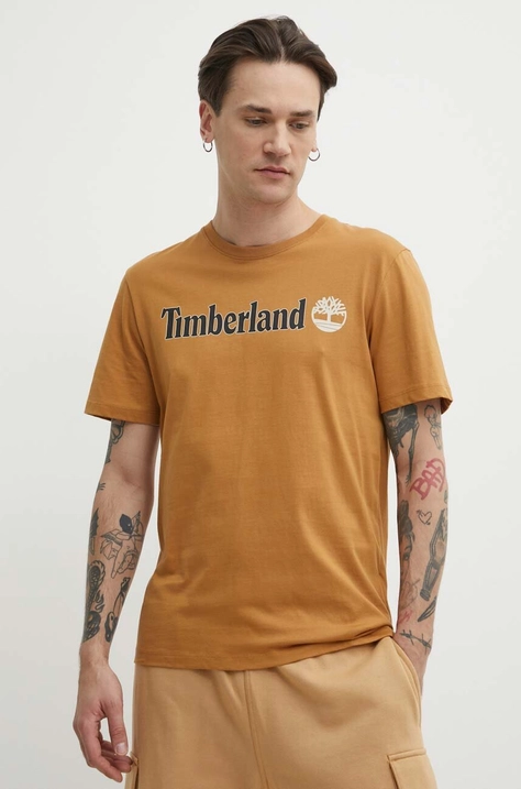 Βαμβακερό μπλουζάκι Timberland ανδρικό, χρώμα: καφέ, TB0A5UPQP471