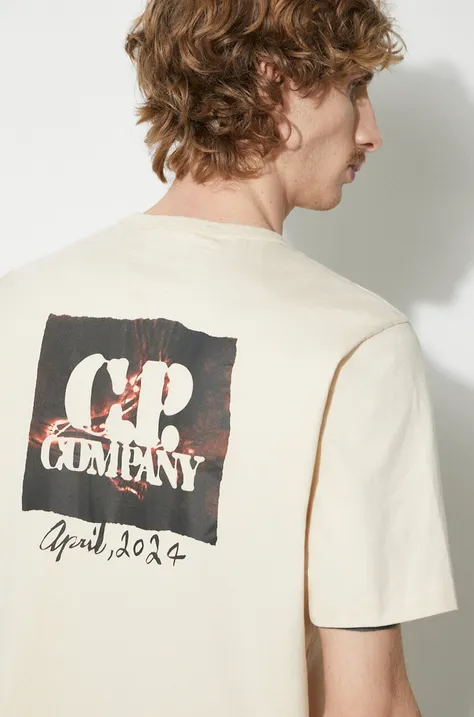 C.P. Company tricou din bumbac Mercerized Jersey Twisted Graphic barbati, culoarea bej, cu imprimeu, 16CMTS163A006203W