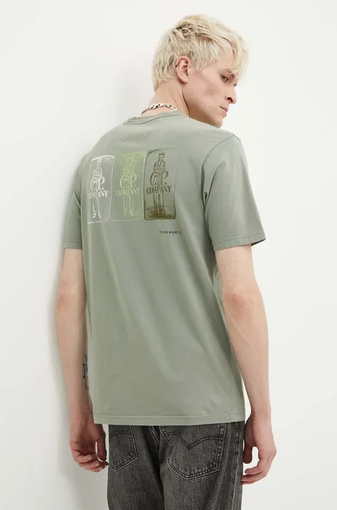 Хлопковая футболка C.P. Company Jersey Artisanal Three Cards мужская цвет зелёный с принтом 16CMTS288A005431G