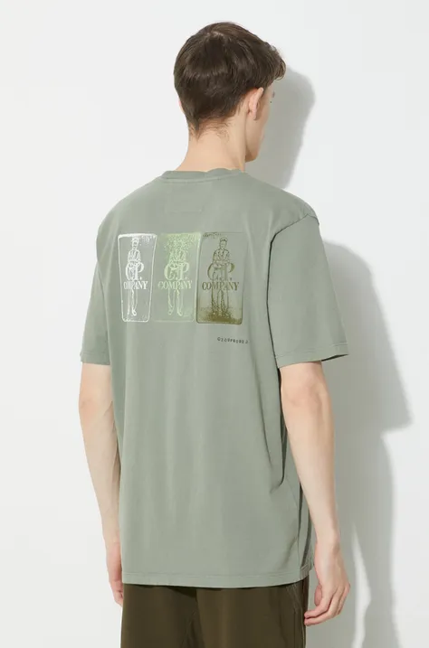 Bavlněné tričko C.P. Company Jersey Artisanal Three Cards zelená barva, s potiskem, 16CMTS288A005431G