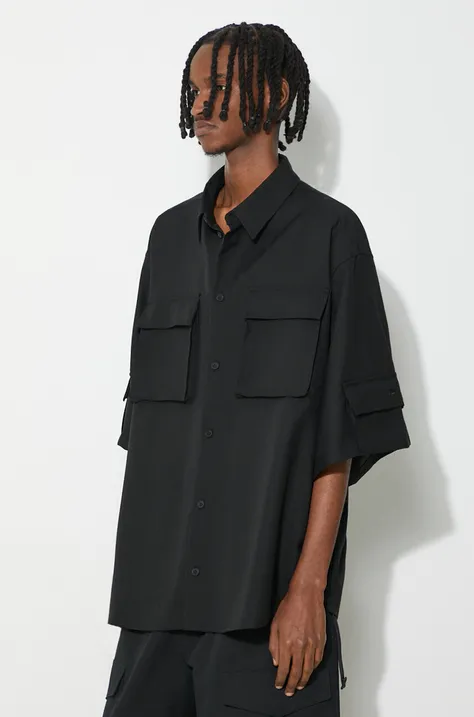 032C camasa de lana Tailored Flap Pocket Shirt culoarea negru, cu guler clasic, relaxed, SS24-W-0060