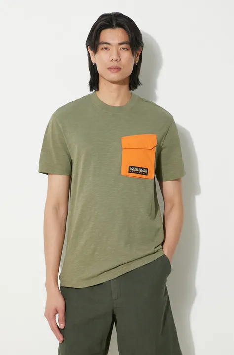 Bavlnené tričko Napapijri S-Tepees pánske, zelená farba, s nášivkou, NP0A4HQJGAE1