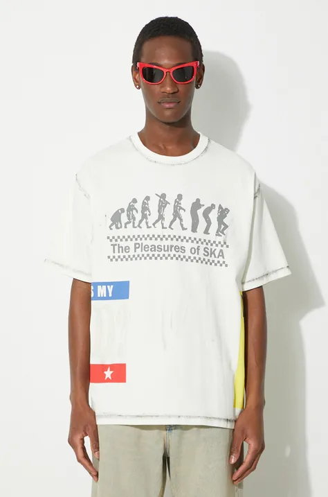 PLEASURES tricou din bumbac Evolution Heavyweight T-Shirt barbati, culoarea bej, cu imprimeu, P24SP019.WHITE