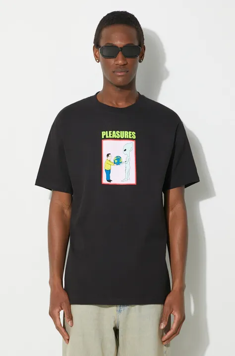 Bavlnené tričko PLEASURES Gift pánske, čierna farba, s potlačou, P24SP046.BLACK
