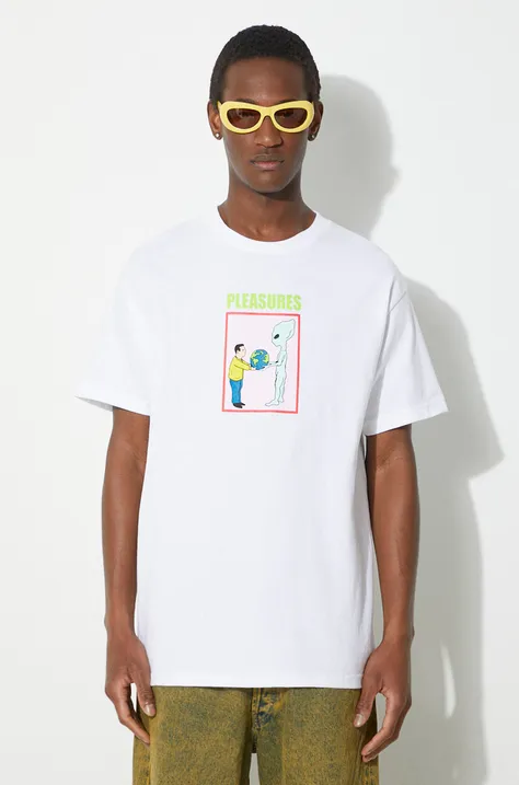 Pamučna majica PLEASURES Gift za muškarce, boja: bijela, s tiskom, P24SP046.WHITE
