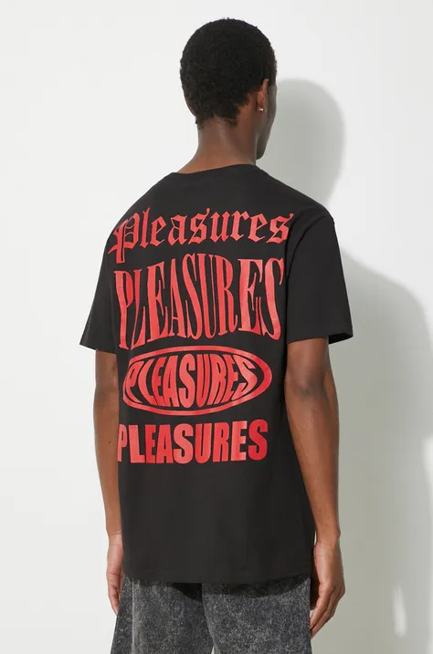 Pamučna majica PLEASURES Stack T-Shirt za muškarce, boja: crna, s tiskom, P24SP050.BLACK