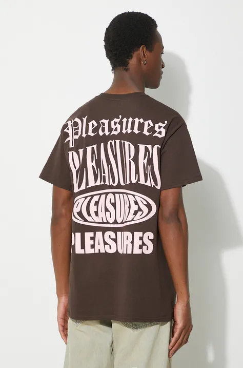Bavlnené tričko PLEASURES Stack pánske, hnedá farba, s potlačou, P24SP050.BROWN