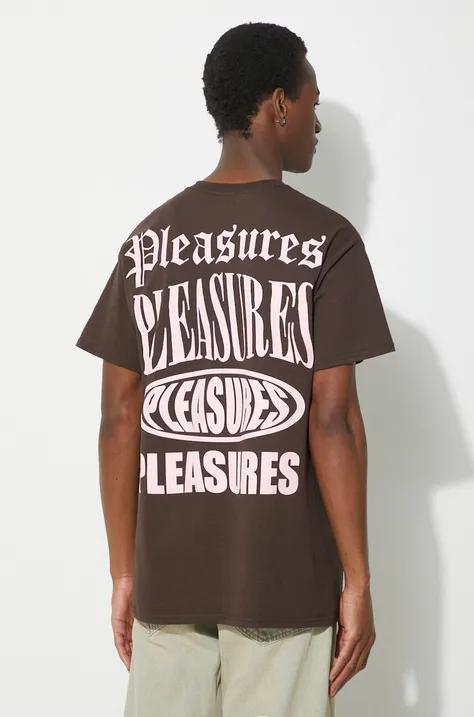 PLEASURES cotton t-shirt Stack men’s brown color with a print P24SP050.BROWN