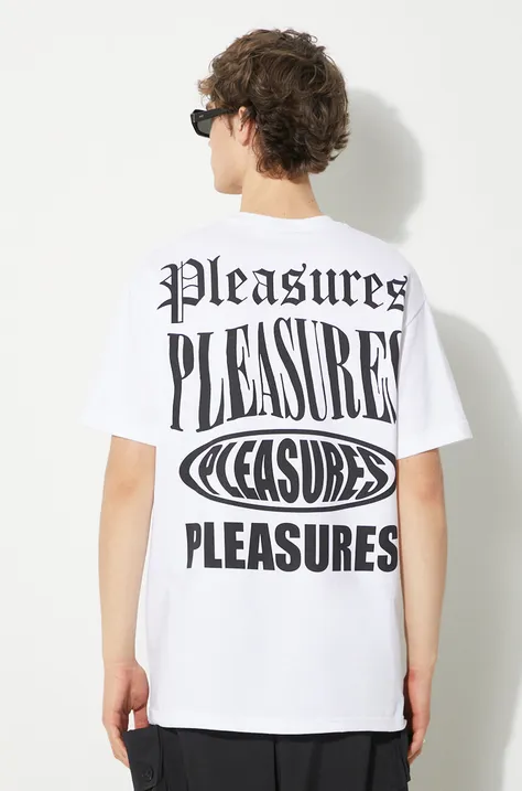 Pamučna majica PLEASURES Stack T-Shirt za muškarce, boja: bijela, s tiskom, P24SP050.WHITE