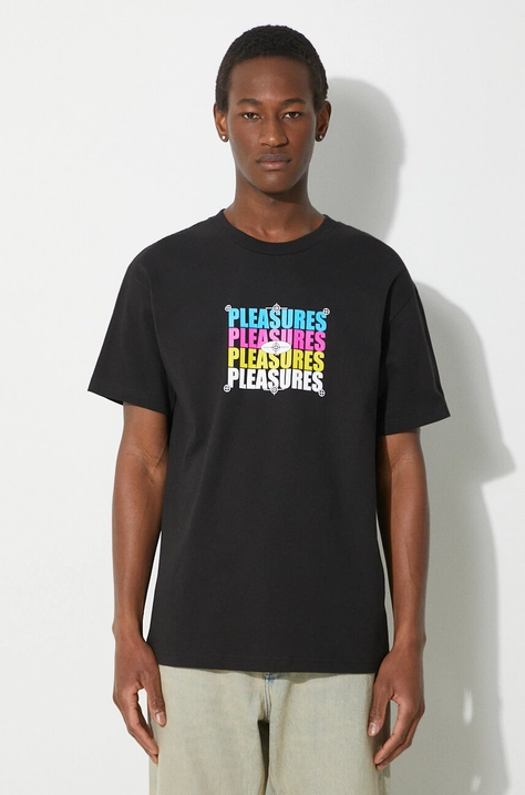 PLEASURES cotton t-shirt Cmyk men’s black color with a print P24SP051.BLACK