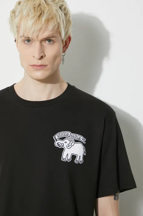 Хлопковая футболка Kenzo Elephant Flag Classic T-Shirt мужская цвет чёрный с аппликацией FE55TS2724SG.99J
